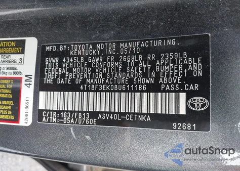 2011 Toyota Camry Le from USA, damaged, VIN 4T1BF3EK0BU611186